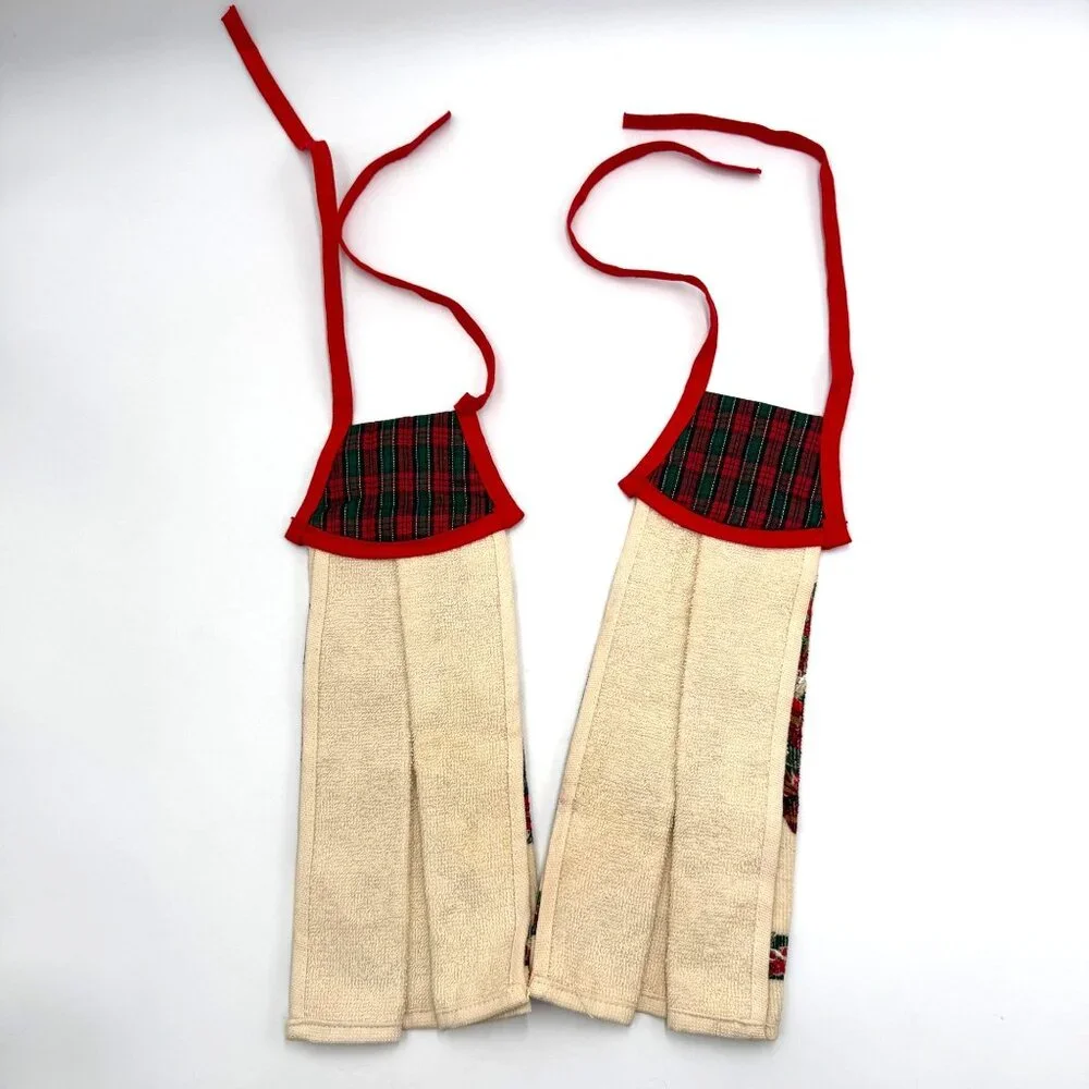 Vtg Cecil Saydah Christmas Partridge Kitchen Towels W/ Red Plaid Trim Set Of 2 - Picture 10 of 12